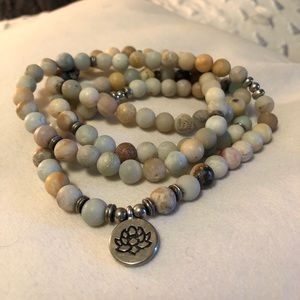Stone and Silver Lotus Bead Malta Yoga Necklace